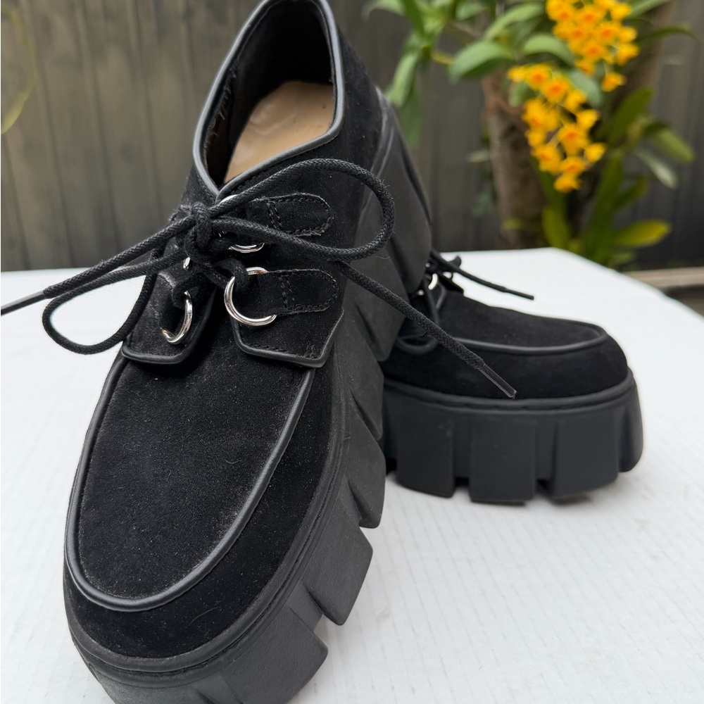 H&M Chunky Platform Lug Sole Shoes Black Lace Up Velvet EU 38 Women
